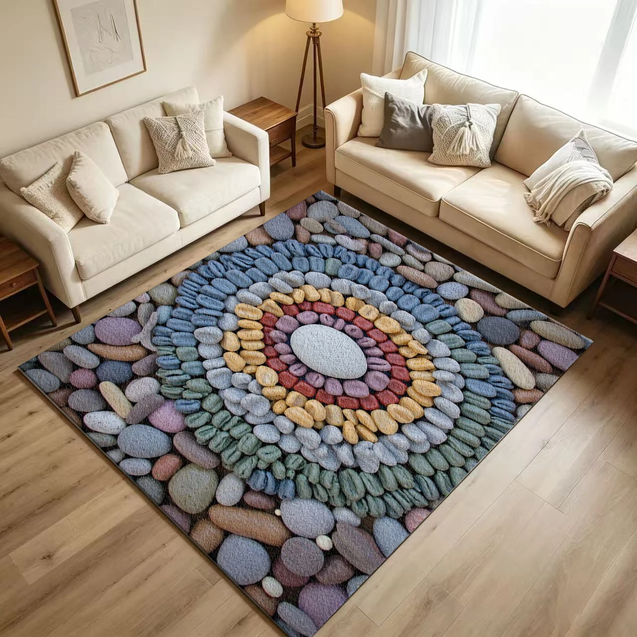 Colorful Pebble Stone Mosaic Carpet Flooring Natural Round Cobblestone Mandala Arrangement Art Pattern Printed Floor Rug for Household Indoor Nature Style Home Decoration