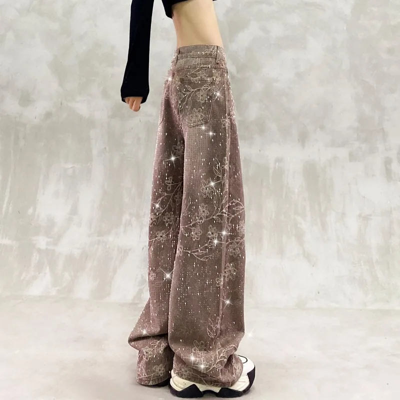 

Gypsy Hot Diamond Printed Casual Jeans Women's Autumn New High Waist Loose and Skinny Versatile Straight Wide Leg Pants Tide