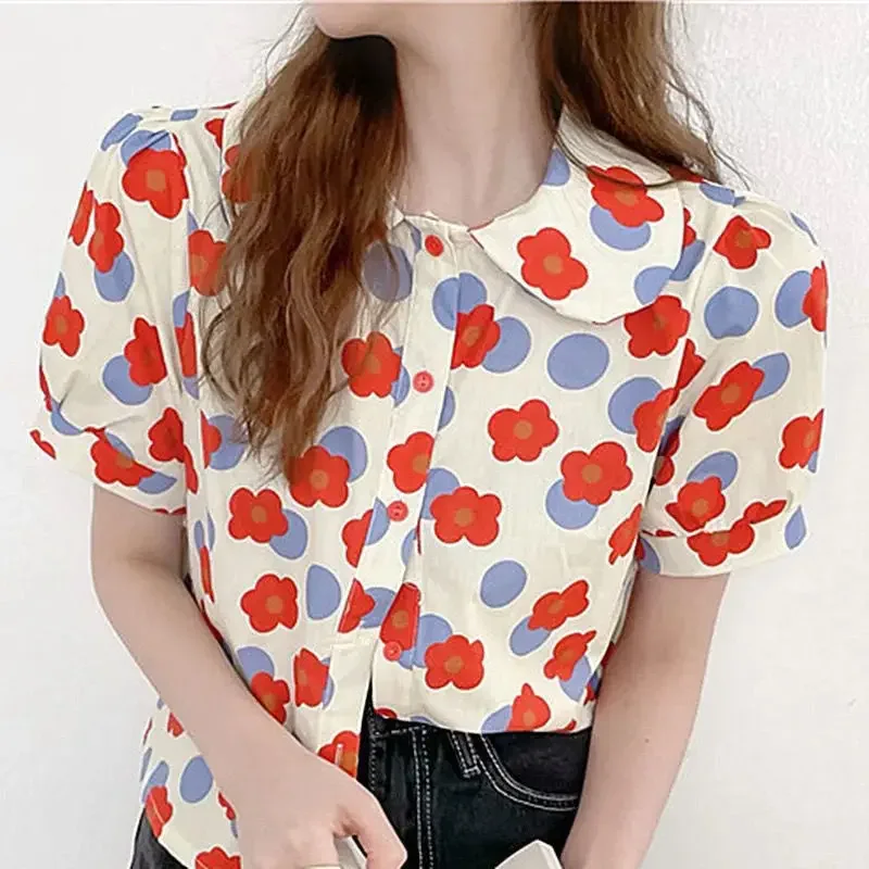 Women Summer Korean Casual Printing Chiffon Loose Polo-Neck Short Sleeve Blouse Women Clothes Sweet All-match Floral Top Tee