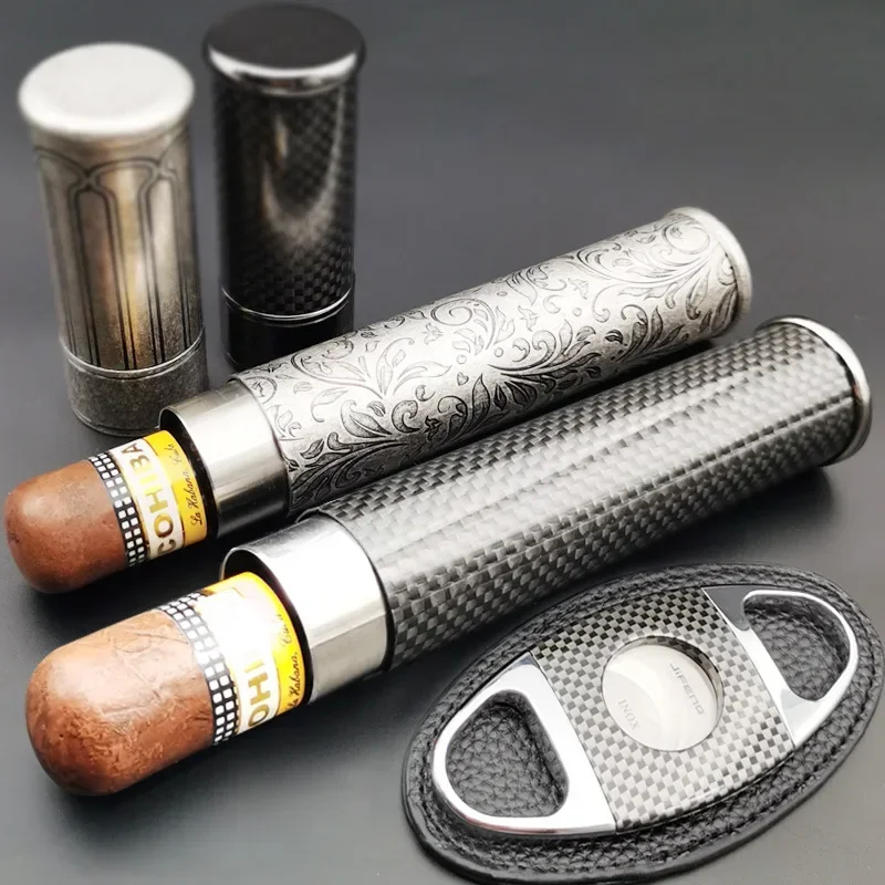 

Hot Sale High-grade Stainless Steel Cigar Tube Box Carbon Fiber Cylinder Single Pack Portable Metal Cigarette Set Humidor
