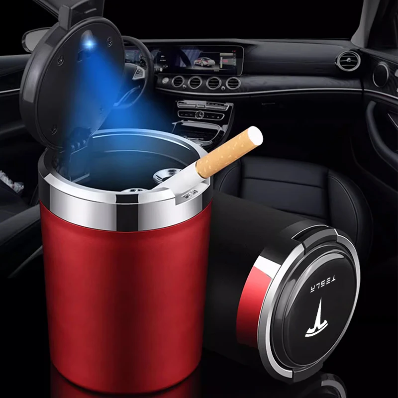 Car Cigarette Ashtray Cup With Lid With LED Light For Tesla Model 3 Y S Cybertruck Coil Juguete Roadster Bonina 2024 Accessories