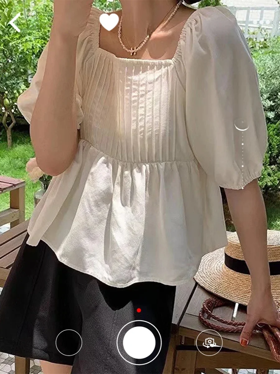 

Casual Loose Bubble Sve ort Sve Pure White Collar Design Women's irt Doll irt Breathable Comfortable Summer Top