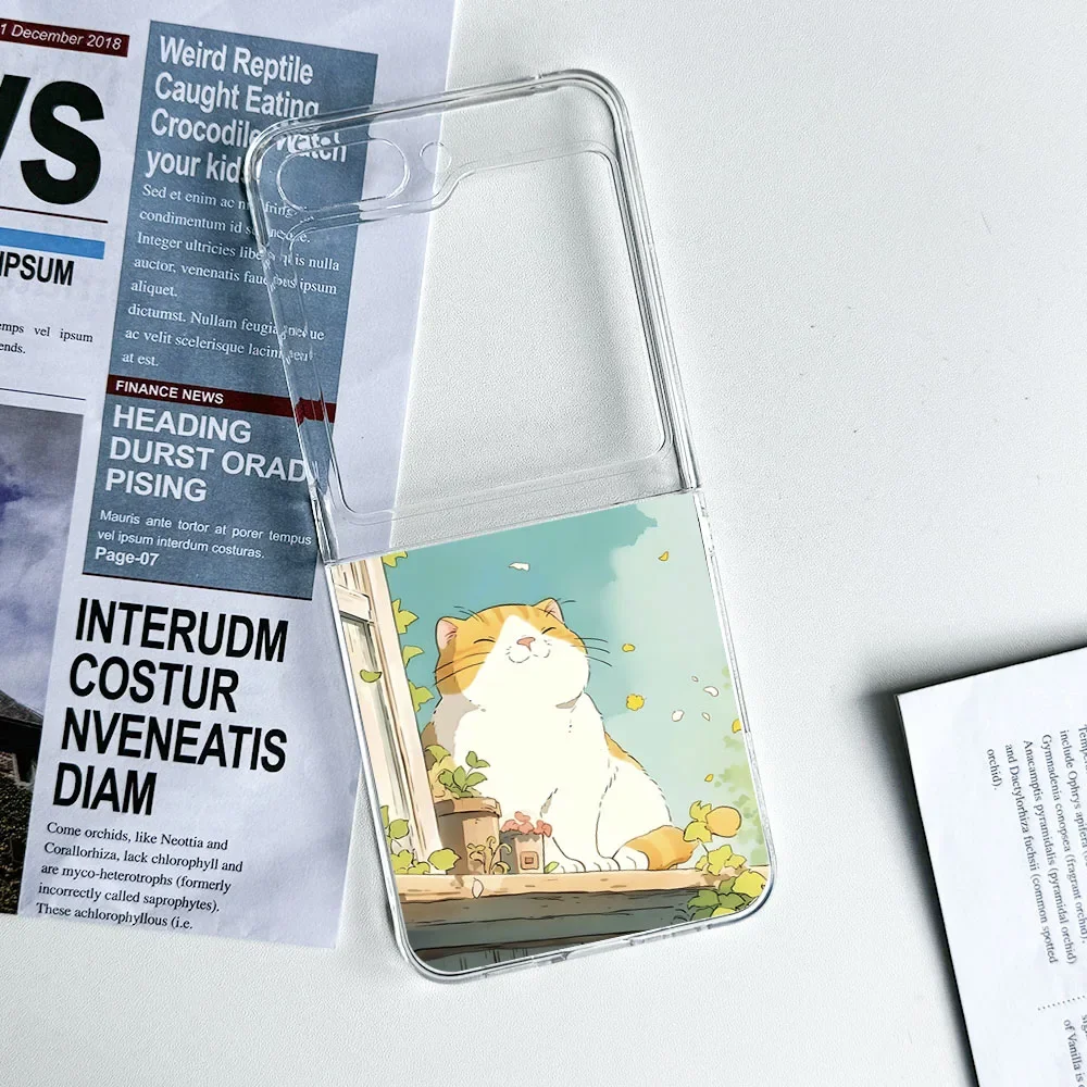 Plain Cute Lazy Cat with Milk Tea Pattern Case for NEW Samsung Galaxy Z Flip 7 6 5 4 3 5G Clear Shell Flip5 Flip6 INS Funda Para