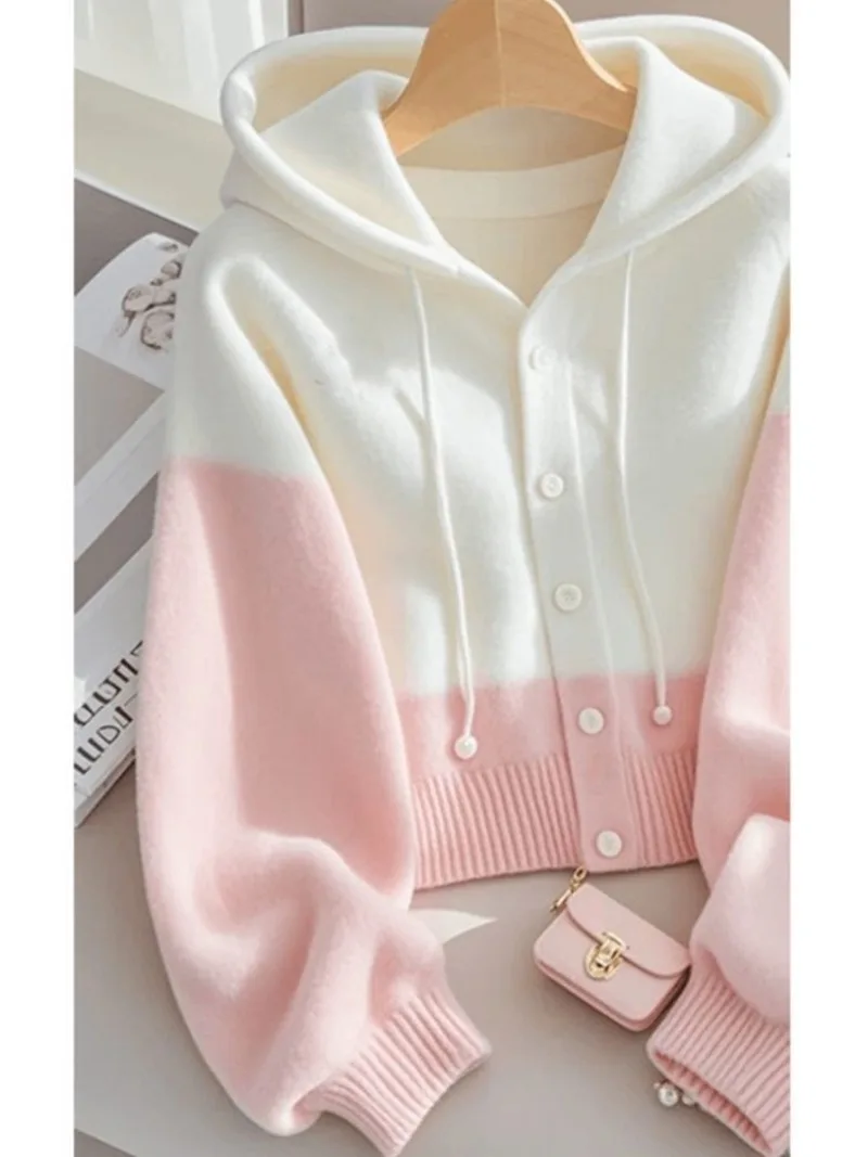White Pink Gradual Change Loose Knitted Sweater Drawstring Hooded Sweater Women's 2025 Early Autumn New Unique Beautiful Top WLF