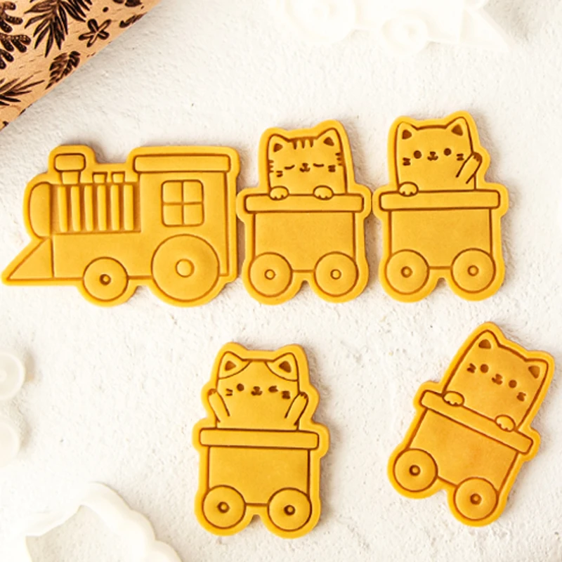 Cute Train Kitten Shaped Cookie Embosser Mold Cartoon Cat Fondant Frosting Dessert Decor Mold Halloween Christmas Baking Tools