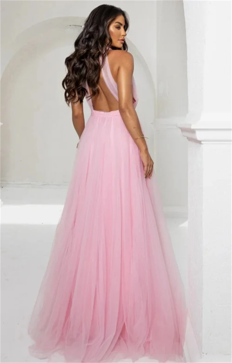 Sexy Tulle rosa profondo scollo A V abiti da sera da sera per le donne Backless A Line abito lungo formale festeggia abiti da evento Vestidos