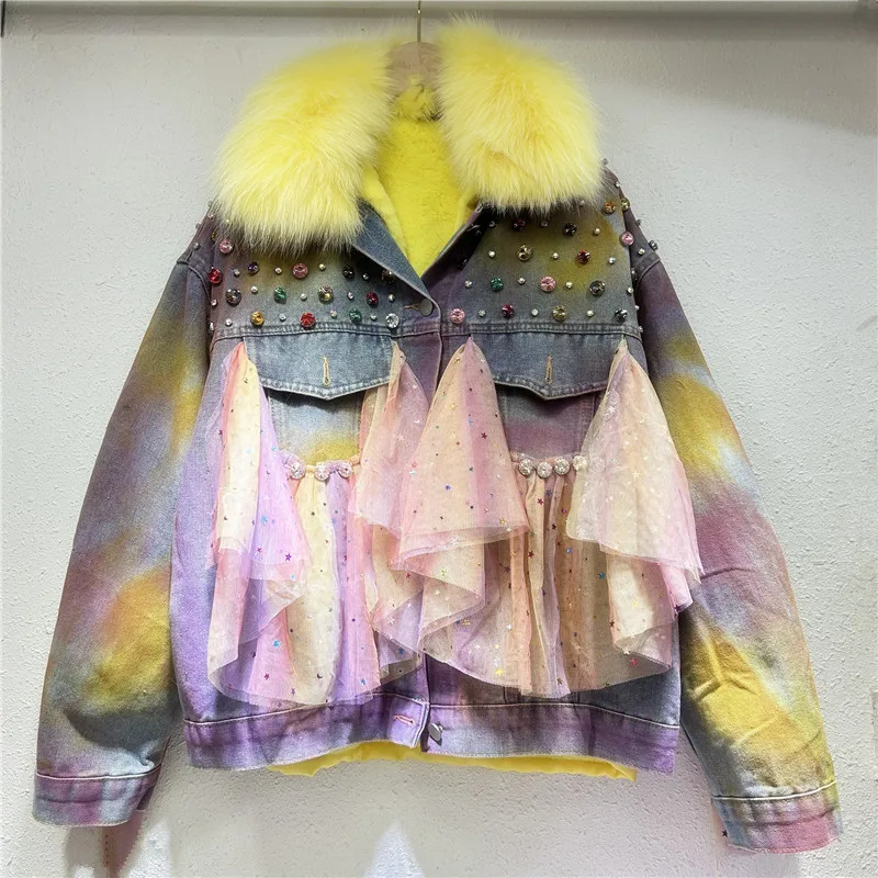 Winter Women Casual Warm Faux Rabbit Fur Liner Denim Jacket Diamond Colored Mesh Patchwork Tie-Dyeing Gradient Jeans Jacket Coat