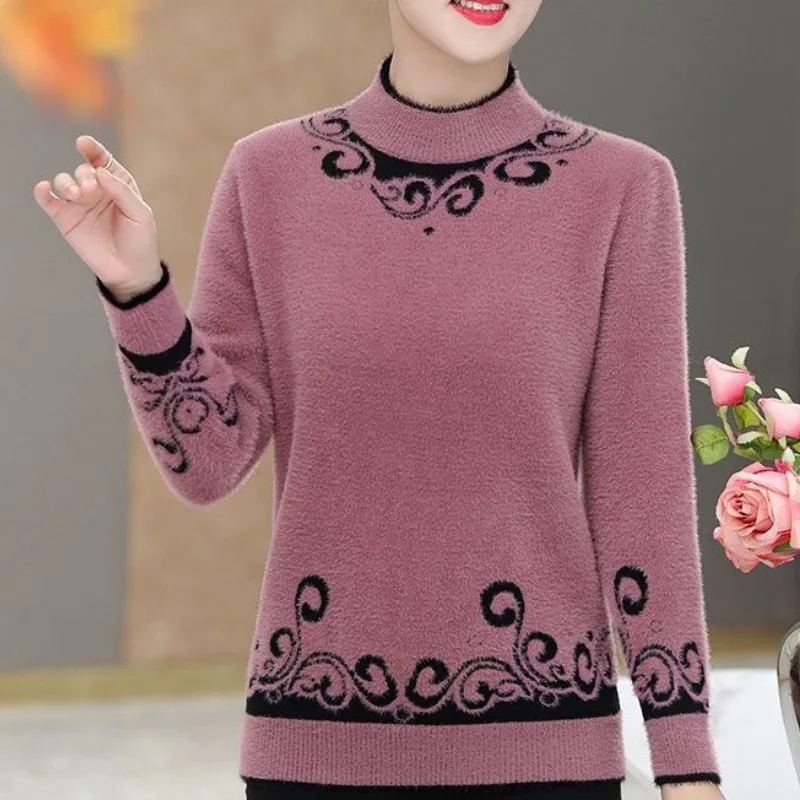 Women's Autumn Winter Pullover Turtleneck Geometric Pattern Flocked Long Sleeve Undershirt Sweater Knitted Casual Loose Tops