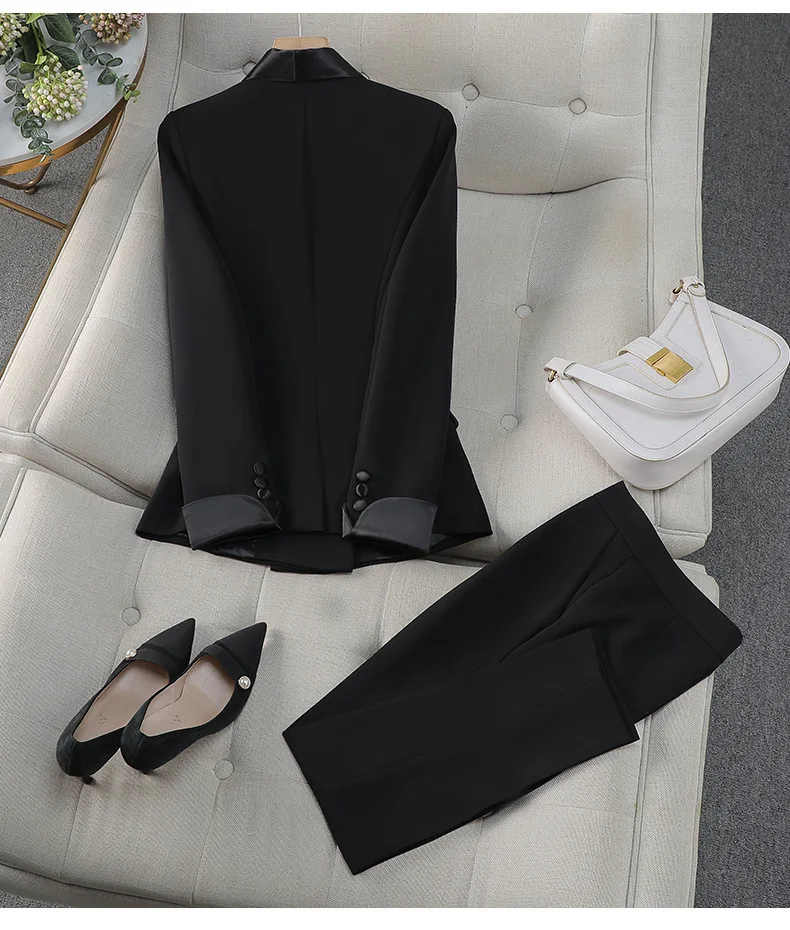 4XL Stock Autumn Winter Suit Coats Two Piece Set Women Blazer Skinny Pants Long Trousers Office Lady