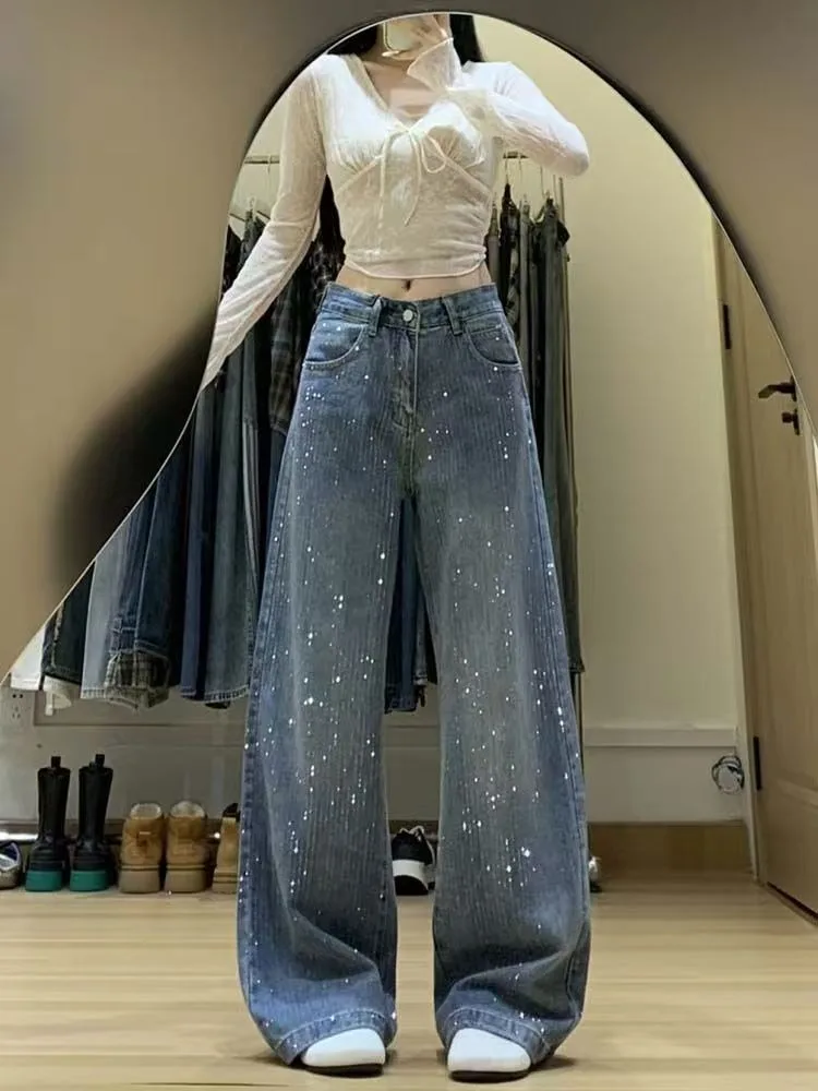 

Crystal Star Wide Leg Jeans Women Winter Y2K Girl Glitter Design Slim Fit Floor Length Denim Pants Fashion Trendy