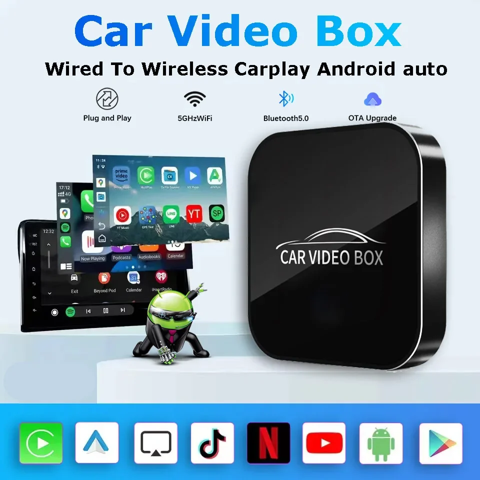 

Android 12 New Car Video Box Carplay Adapter Wired to Wireless Carplay& Android Auto Cars Smart AI Box WIFI For Netflix Youtube