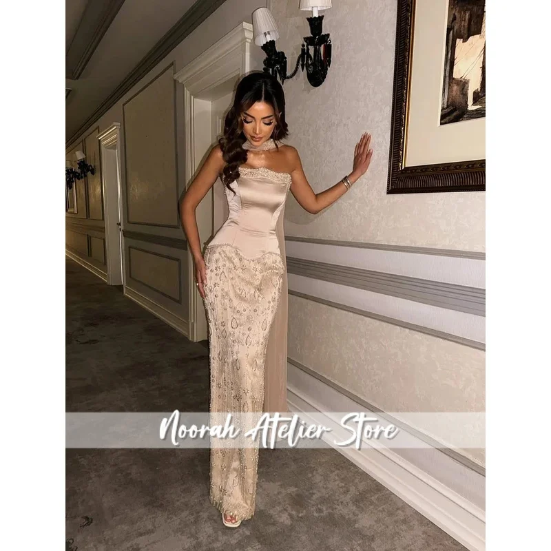 우아한 두바이 아라비아 인어 스타일 여성용 이브닝 드레스, 숄 포함, 스트랩리스 비즈 장식, 공식 프롬 웨딩 파티 가운, 2025 맞춤 제작