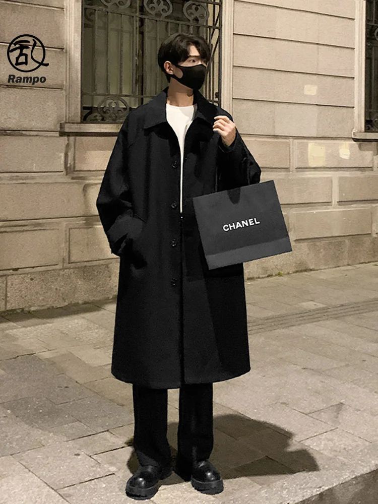 

Rampo Men's Mid-Length Thiened Warm Bla Coat Flip Collar Windbreaker Youth Faion Winter New Arrival Stand Fit Polyes...