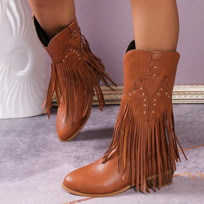 Wedge Chunky Heel Boots Women Rivets Tassels Design Western Boots PU Leather Brown Cowboy Boots for Woman Cowgirl Botas Mujer