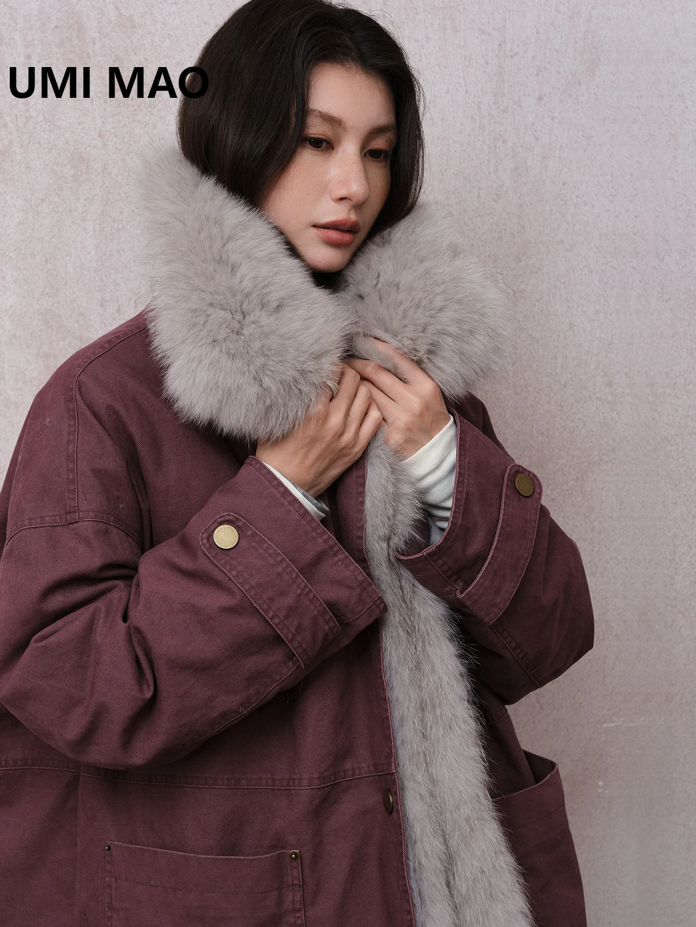 UMI MAO-Chaqueta holgada de longitud media para mujer, chaqueta de plumón de pato blanco 90% con cuello de piel de algodón, Casacos femeninos Y2K