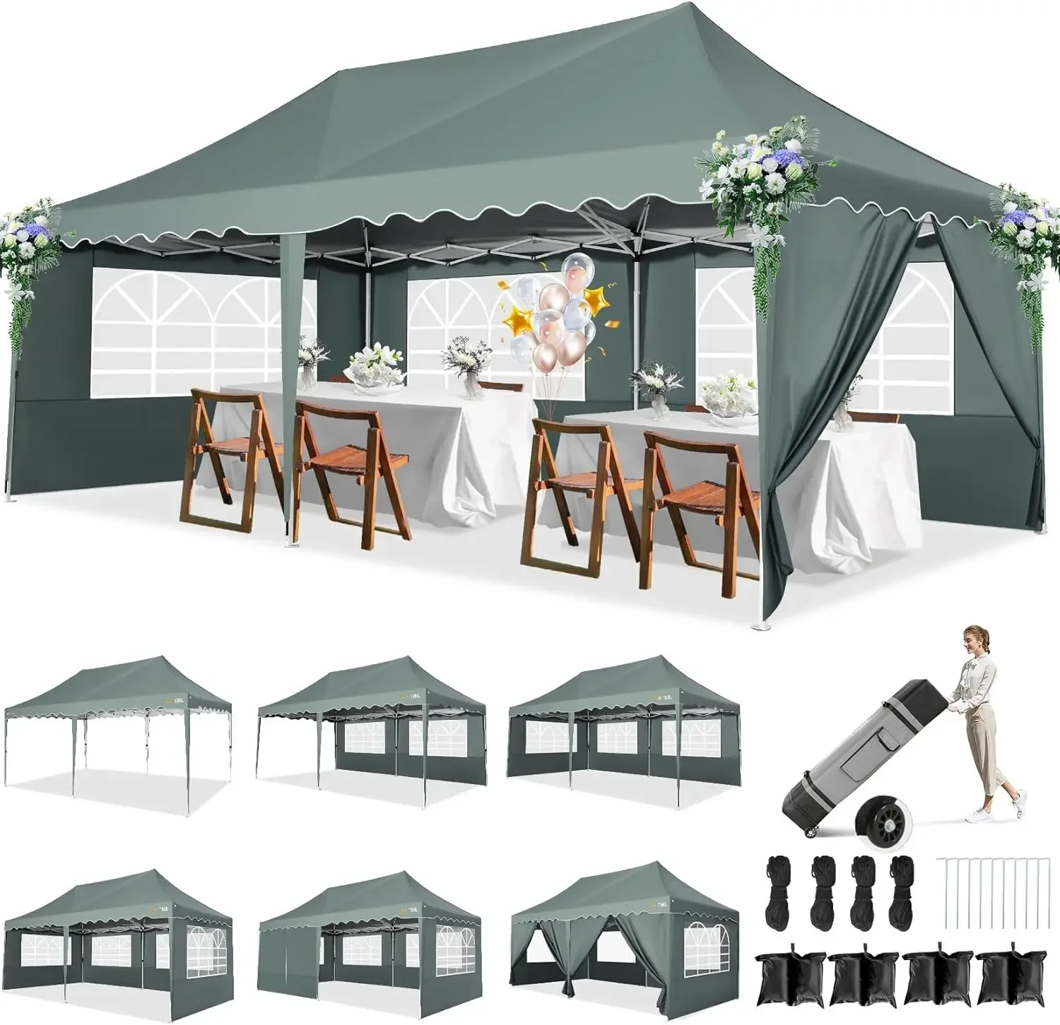 

HOTEEL Tents for Parties, 10x20 Canopy Outdoor Canopies with Sidewalls & Church Windows, Pop Up Canopy Wedding Tent with 4 Sa