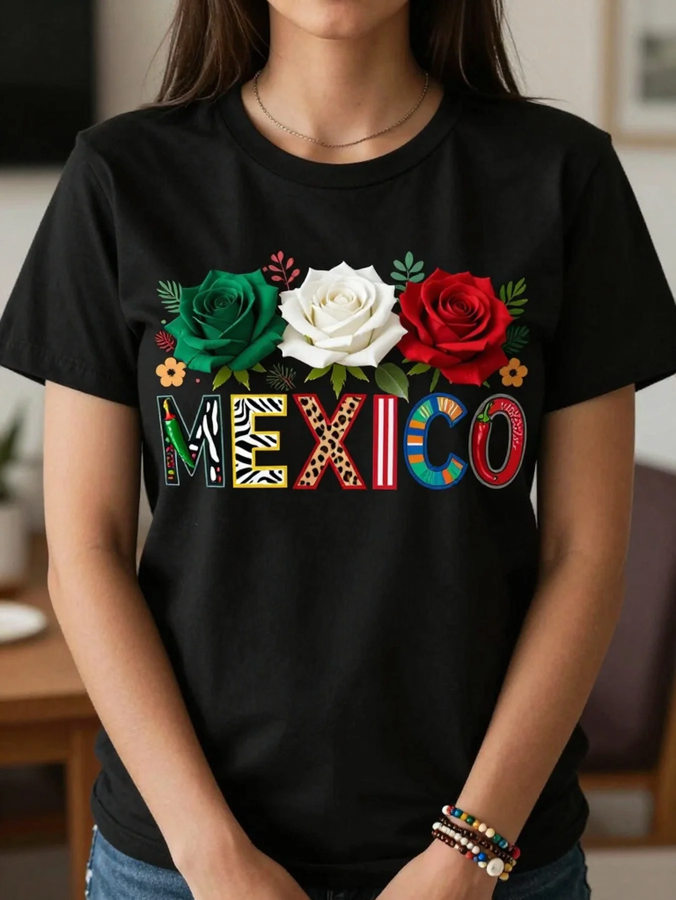 Women's Casual Mexico Floral Print Plus Size Tee Short Sleeve Round Neck Regular Fit T-Shirt For Party Style,Casual Fiesta Style T-Shirt