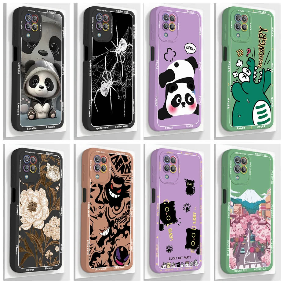 For Samsung Galaxy A12 M12 F12 Case 2021 Cute Panda Cartoon Square Silicone Cover For SamsungA12 A 12 M 12 SM-M127F Phone Case