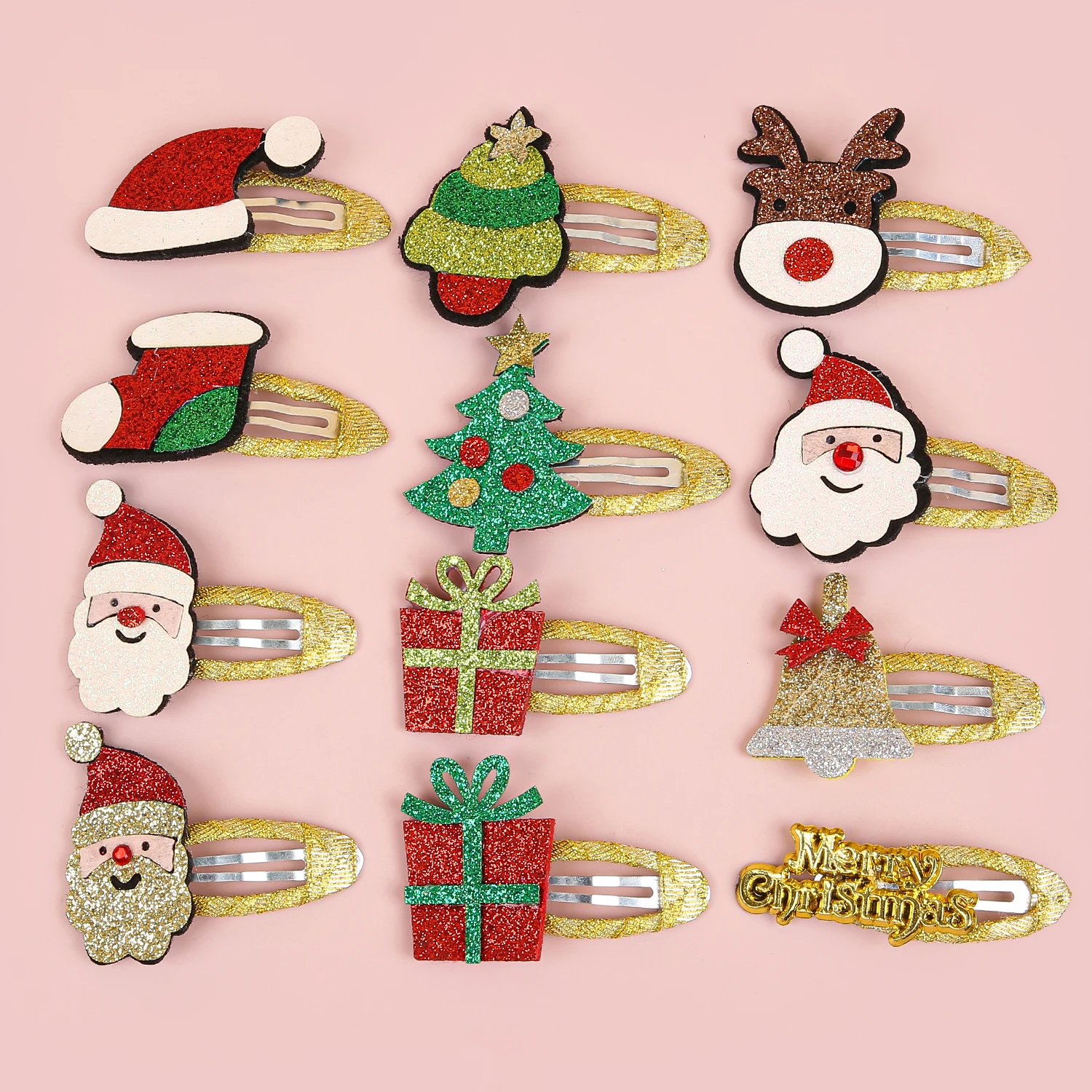 4/12Pcs Girls Christmas Hair Clips Glitter BB Hairpin Cartoon Hairclip Santa Claus Barrette Clips for Kids Hair Accessories