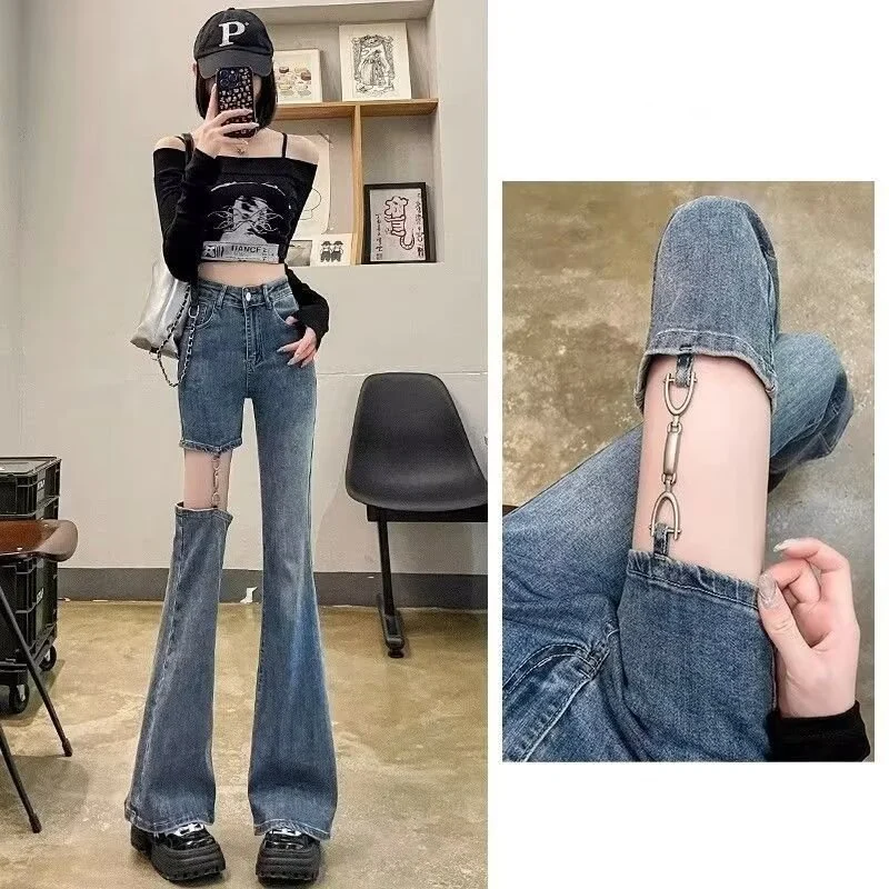 

Detachable Metal Chain Hollow Out Jeans High Waist Slim Fit Flared Pants 2024 Spring Autumn New Fashionable Sexy Women's Pants