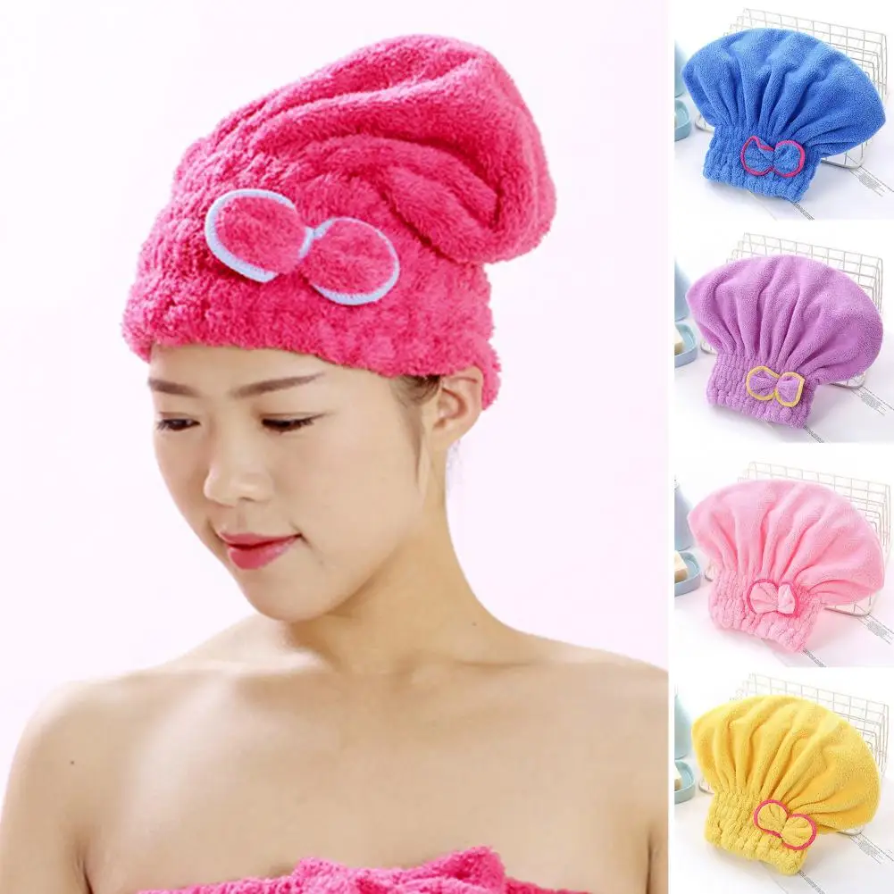 Hair Drying Hat With Elastic Band Super Absorbent Quickly Dry Bow Decor Hair-drying Cap Head Wrap Home Travel Use Bath Accessory