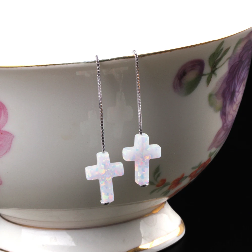 

Cross Earring Jewelry 925 Silver Box Chain Synthetic Opal Cross Ear Chain for Women