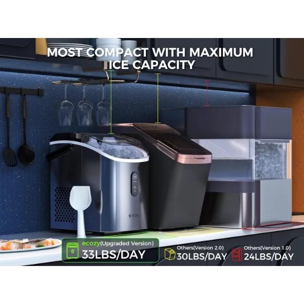 Ecozy Nugget Ice Maker controsoffitto-cubetti di ghiaccio a Pellet masticabili, uscita giornaliera da 33 libbre, alloggiamento in acciaio inossidabile, ghiaccio autopulente