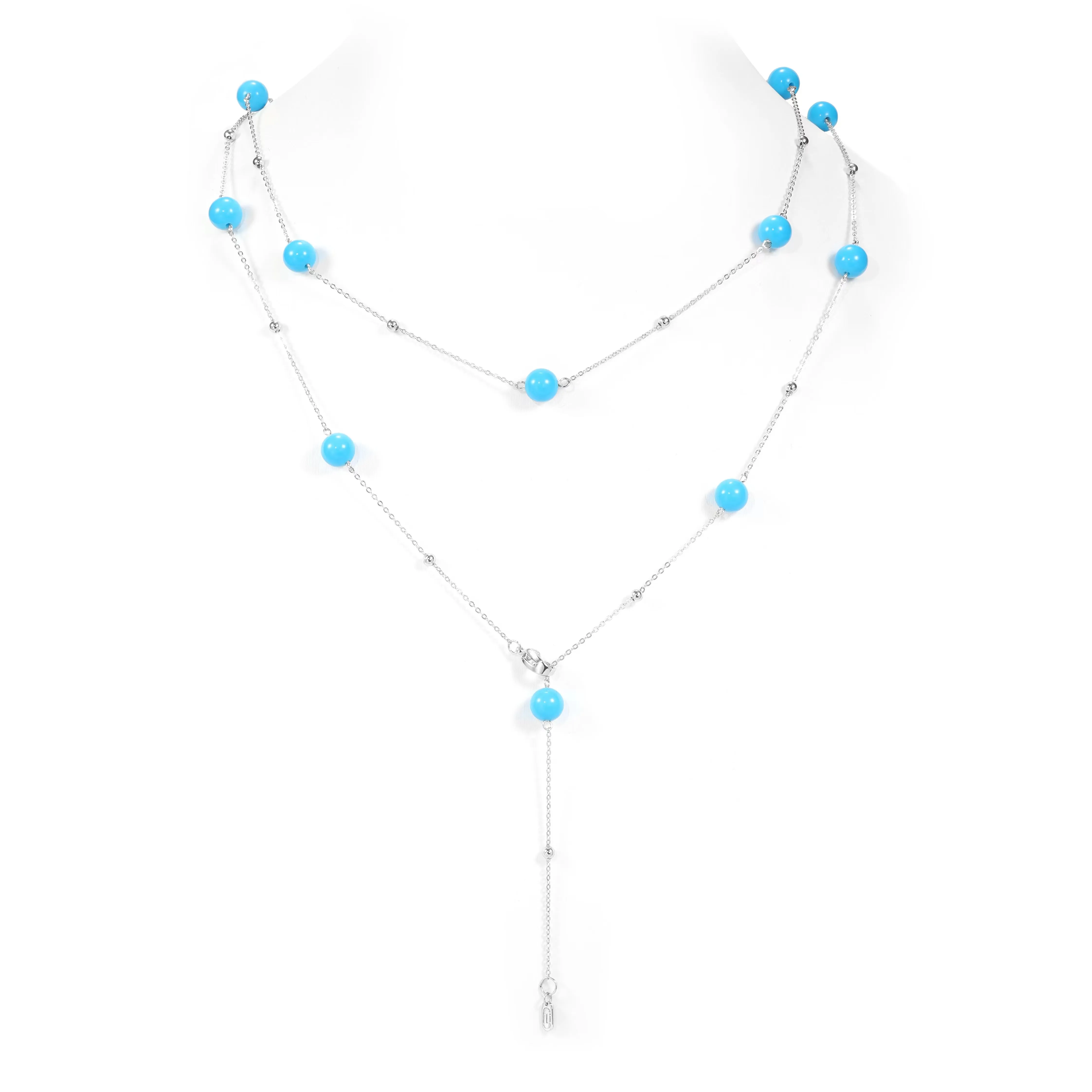 

ZOCA 925 Sterling Silver Long Double Layer Blue Turquoise Gemstones Necklace Women Lucky Pendant Necklaces Fashion Jewelry