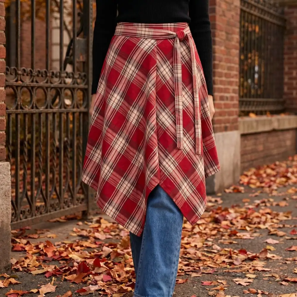 Half Body Skirt Irregular Plaid Skirt Underskirt Hip-hop Grid Wrap Skirt Lace Up Petticoat A-line Shortskirt Street Snap