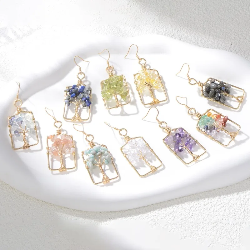 

10pair Wire Wrapped Chakra Chip Stone Beads Earrings Tree of Life Rectangle Charms Dangle Gold Hook Ear Jewelry Making Wholesale