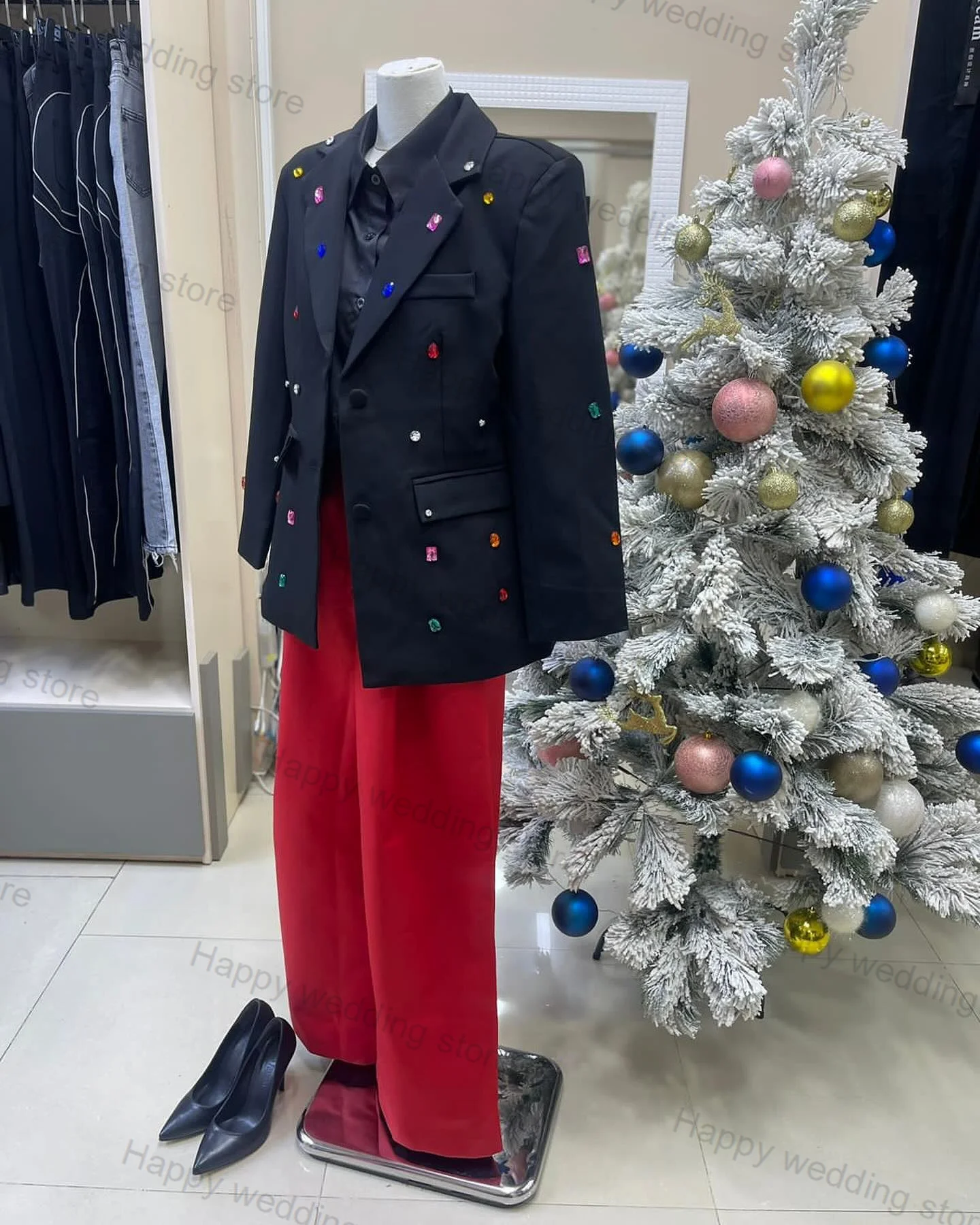 

Designer Stones Women Suit Pants Set 2 Piece Black Blazer+Red Trousers Cotton Coat Formal Elegant Wedding Tuxedo Tailored Jacket