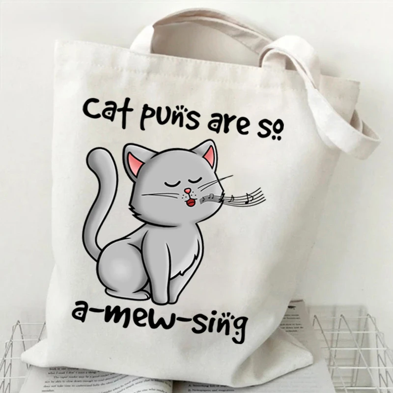 Canvas Women's Bag Large Capacity Shoulder Bag Animal Puns Cat A-Mew-Sing Anime Cartoon Student Purses and Handbags Shopping