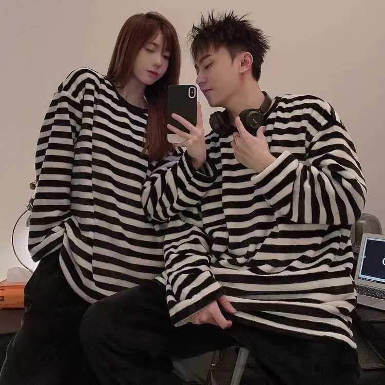 

Couple Pajamas for Women in Winter Thick and Warm Simple Striped Korean Version Flannel Home Clothes 2 Piece Sets