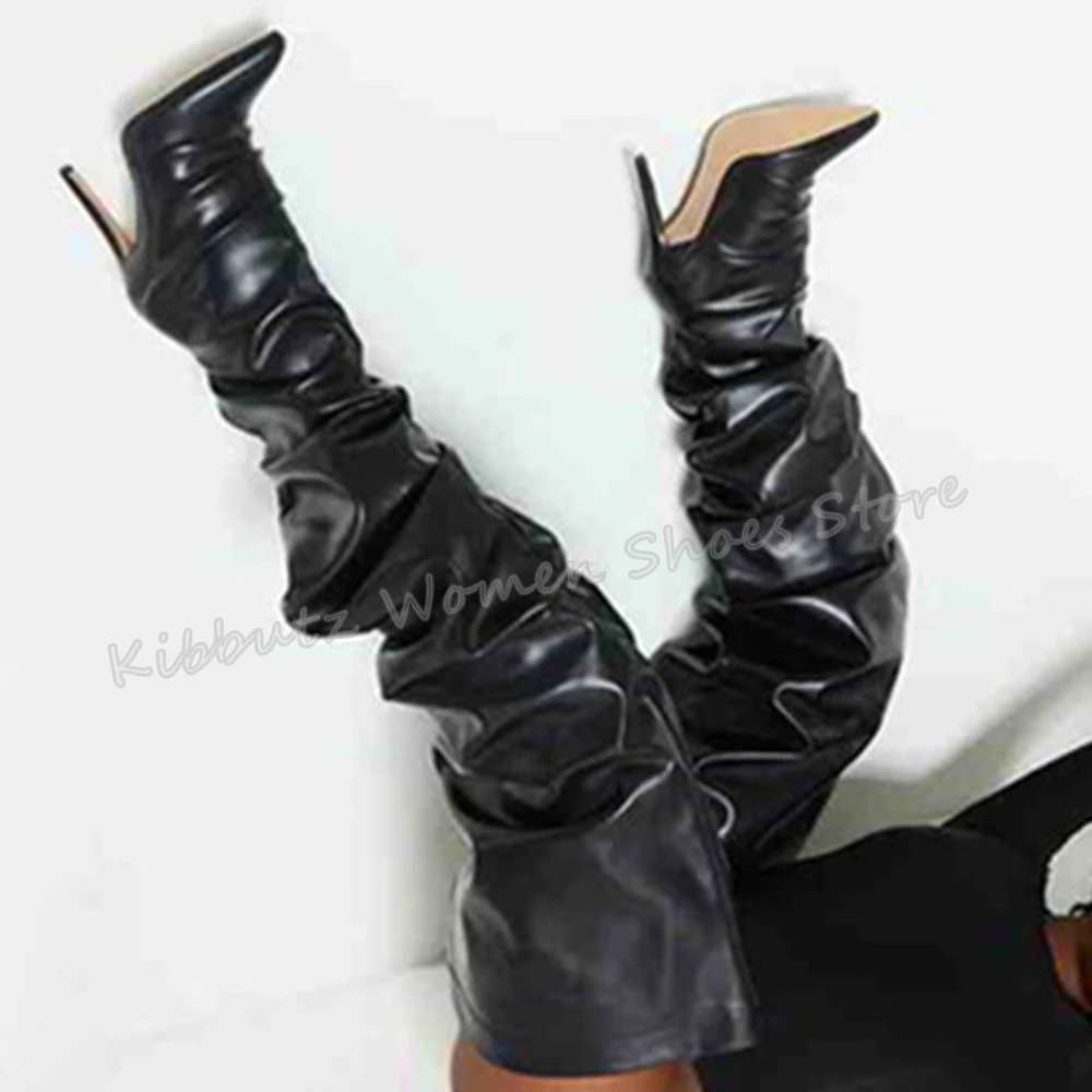 Pleated Thicker Tube Boot Over The Knee Genuine Leather Solid Color Pointed Toe Thin Heel Slip-On Fashion Concise Sexy Shoes New