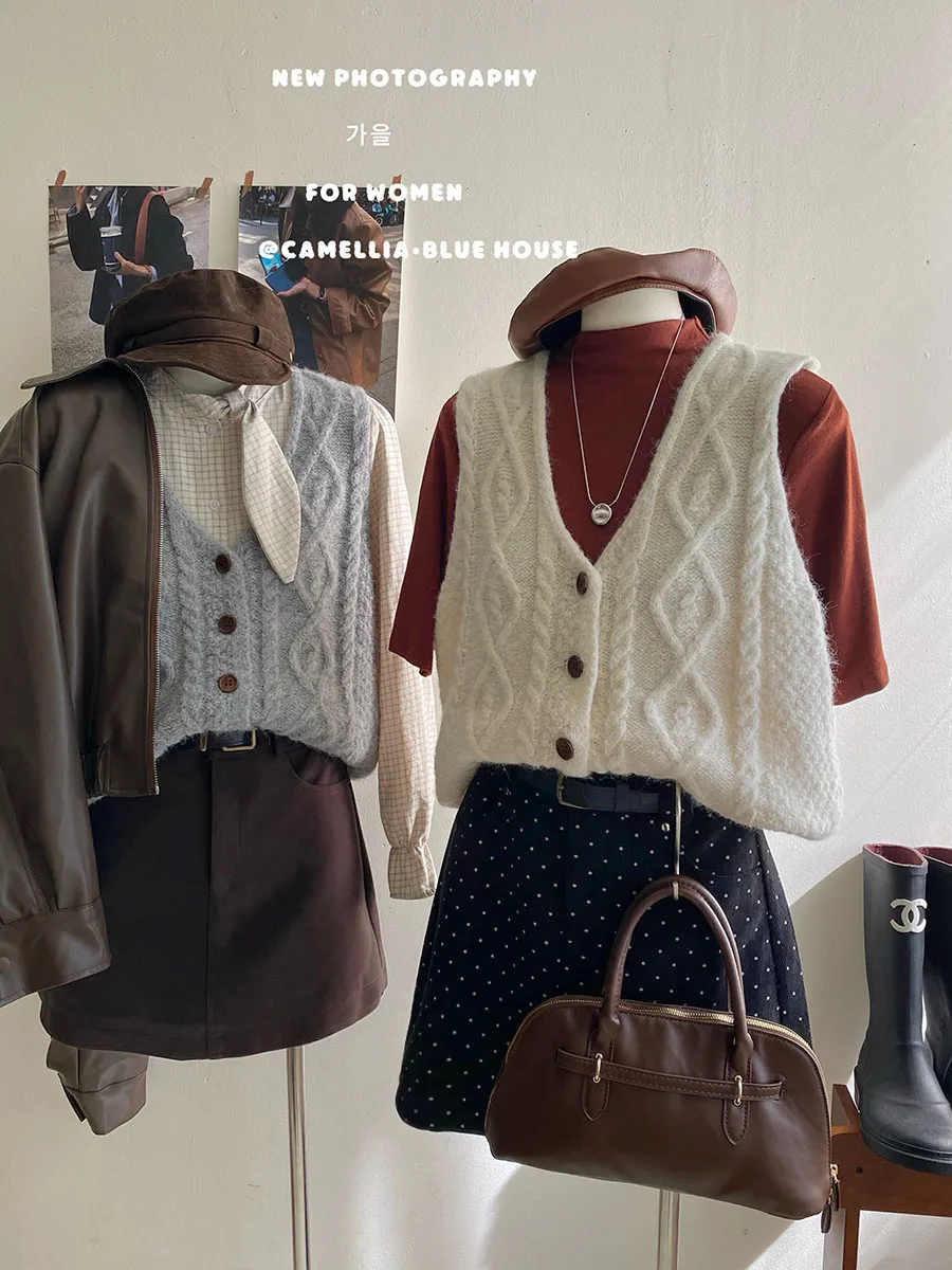 

Women's Autumn Winter Solid Color V Neck Single Breasted Vest Top Lady Sleeveless Loose Short Basic Knitted Vest