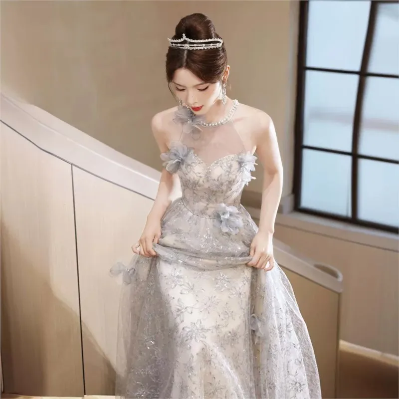 

Strapless new style design light luxury banquet host student art examination dress