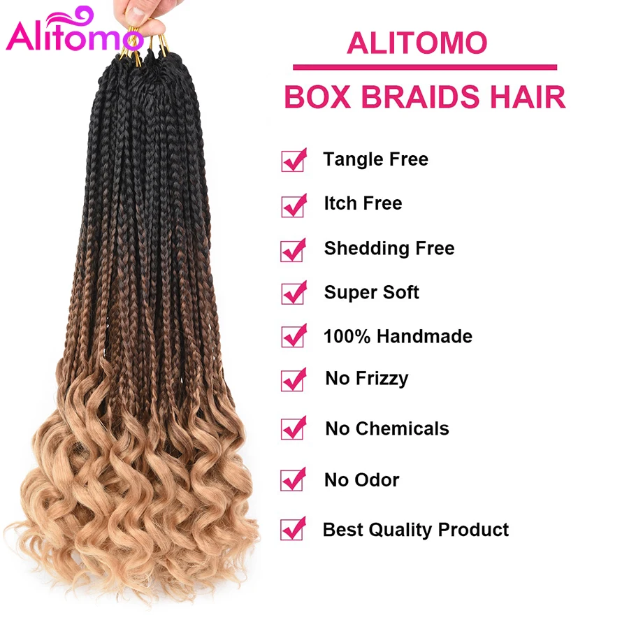 Alitomo 14/18/24 Polegada deusa caixa tranças crocht cabelo sintético bob caixa tranças encaracolado termina ombre trança extensões de cabelo para crianças