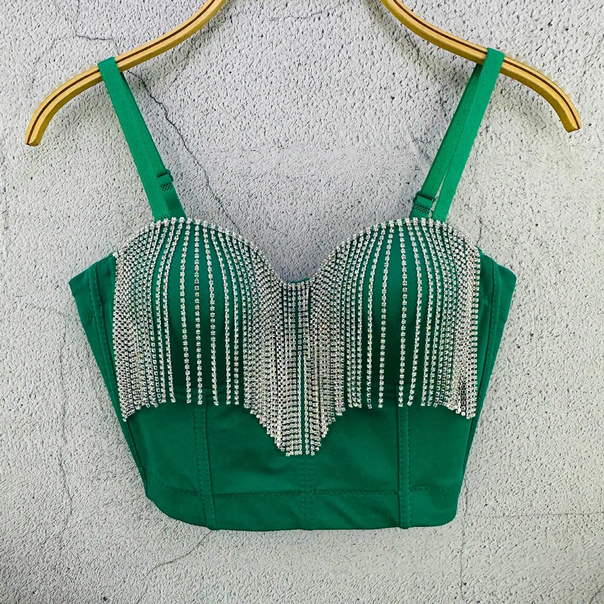 D1253 Dropship traje de danza clásica moda diamante tachonado borla cadena camisola chaleco Top ropa de lujo precio al por mayor