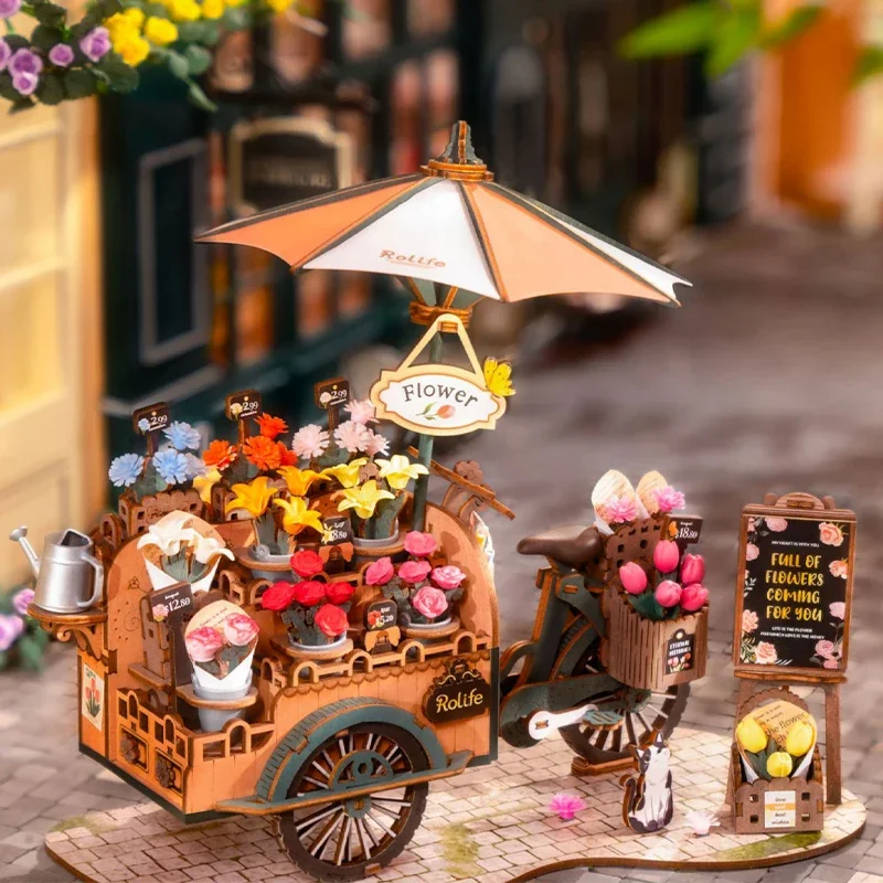 Animation Flower Cart Float 3D Puzzle Wooden Toy Assembly Model Building Blocks Handmade Adult Ornament Birthday Gift Peripheral