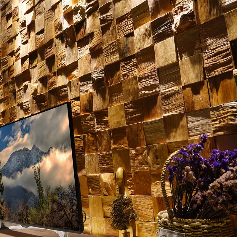 

Клейкие обои для настенной перегородки, мелиорированная мозаичная панель из тикового дерева, состаренная отделка, 3D текстура, ТВ-функция, стена