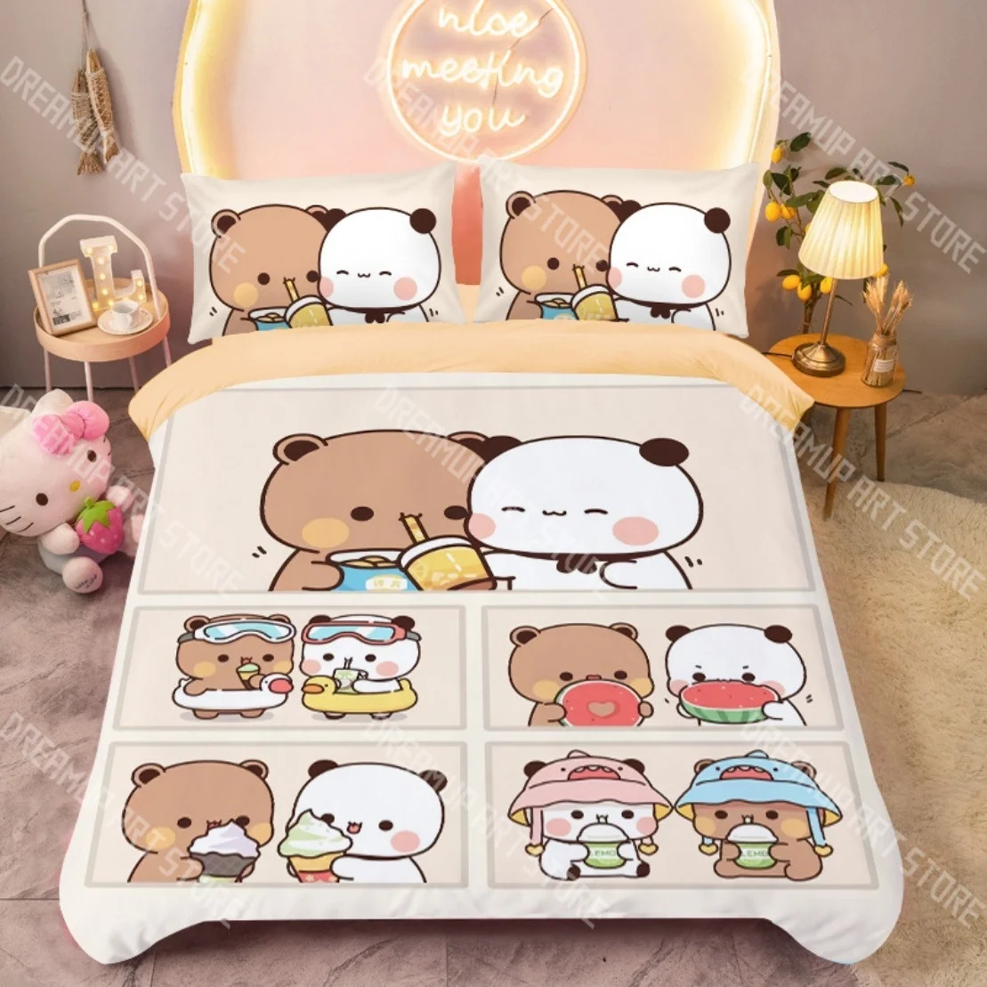 Fotografia 4: Moda bubu dudu dos desenhos animados urso panda conjunto de cama único gêmeo completo queen king size conjunto cama crianças quarto conjunto capa edredão