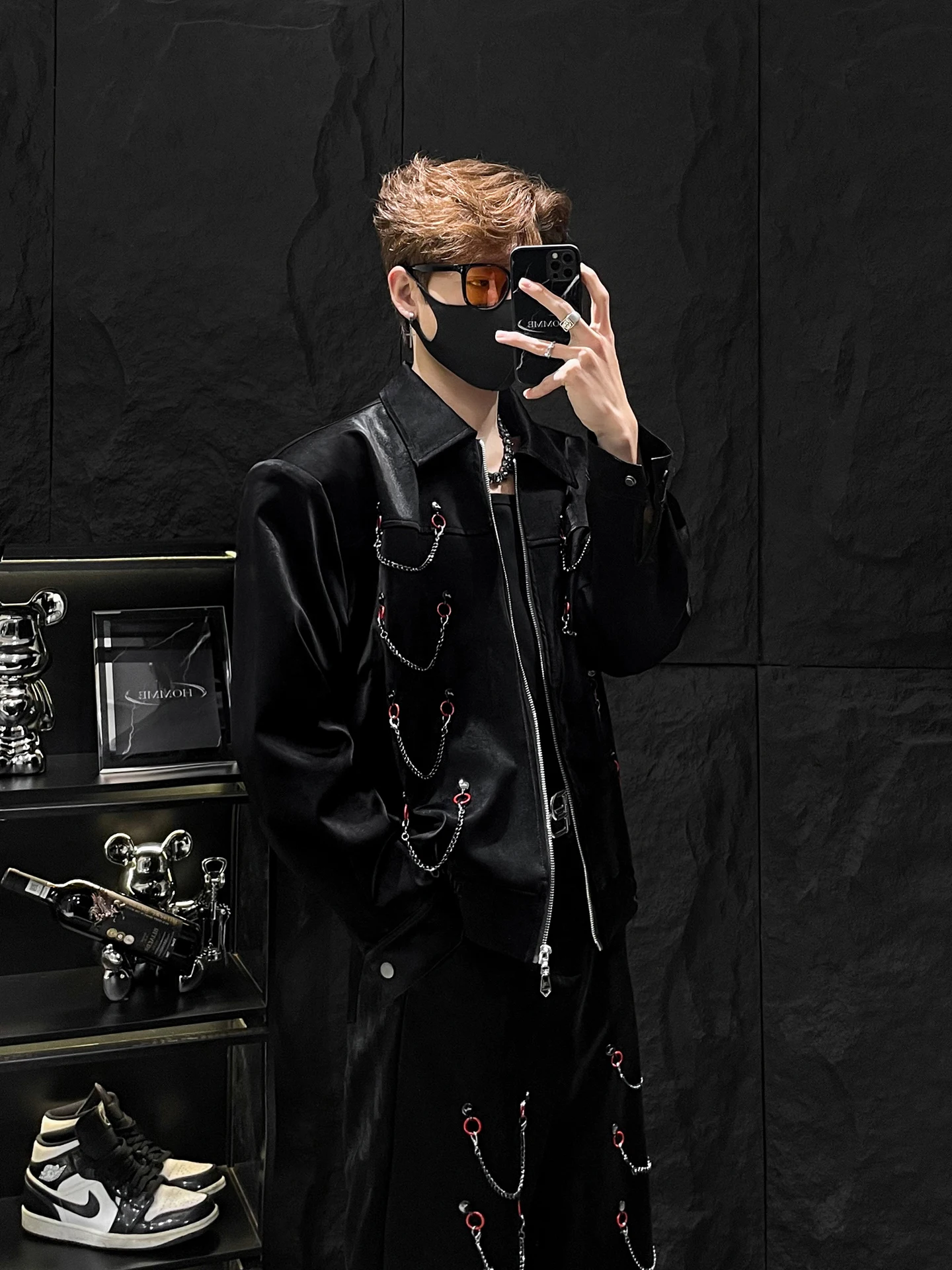 

Heavy Metal Chain PU Leather Jaet ort Sle for Men No Stop Mirror Design Trendy Brand Casual Spring Outerwear Coat