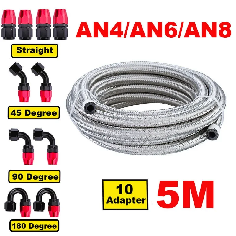 16FT 5M AN4 AN6 AN8 Stainless Steel Braided CPE Rubber Car Fuel Hose Line 0/45/90/180 Degree Hose End Fitting Adapters Hose Line