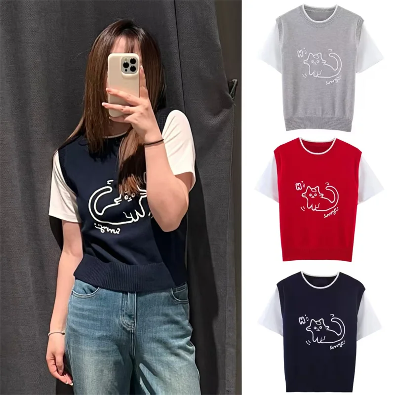 

Women's Top 2026 Spring New Style Multi-color Patchwork Short Sleeve Knit Pullover with 3D Embroidery Decoration and Round Neck