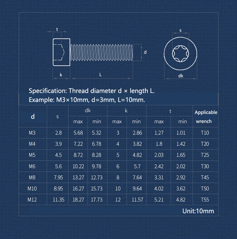 M3 M4 M5 M6 M8 M10 M12 Anti-Theft Cylindrical Head Torx Bolt Six Lobe Steel 12.9 Steel Cap Head Torx Screw