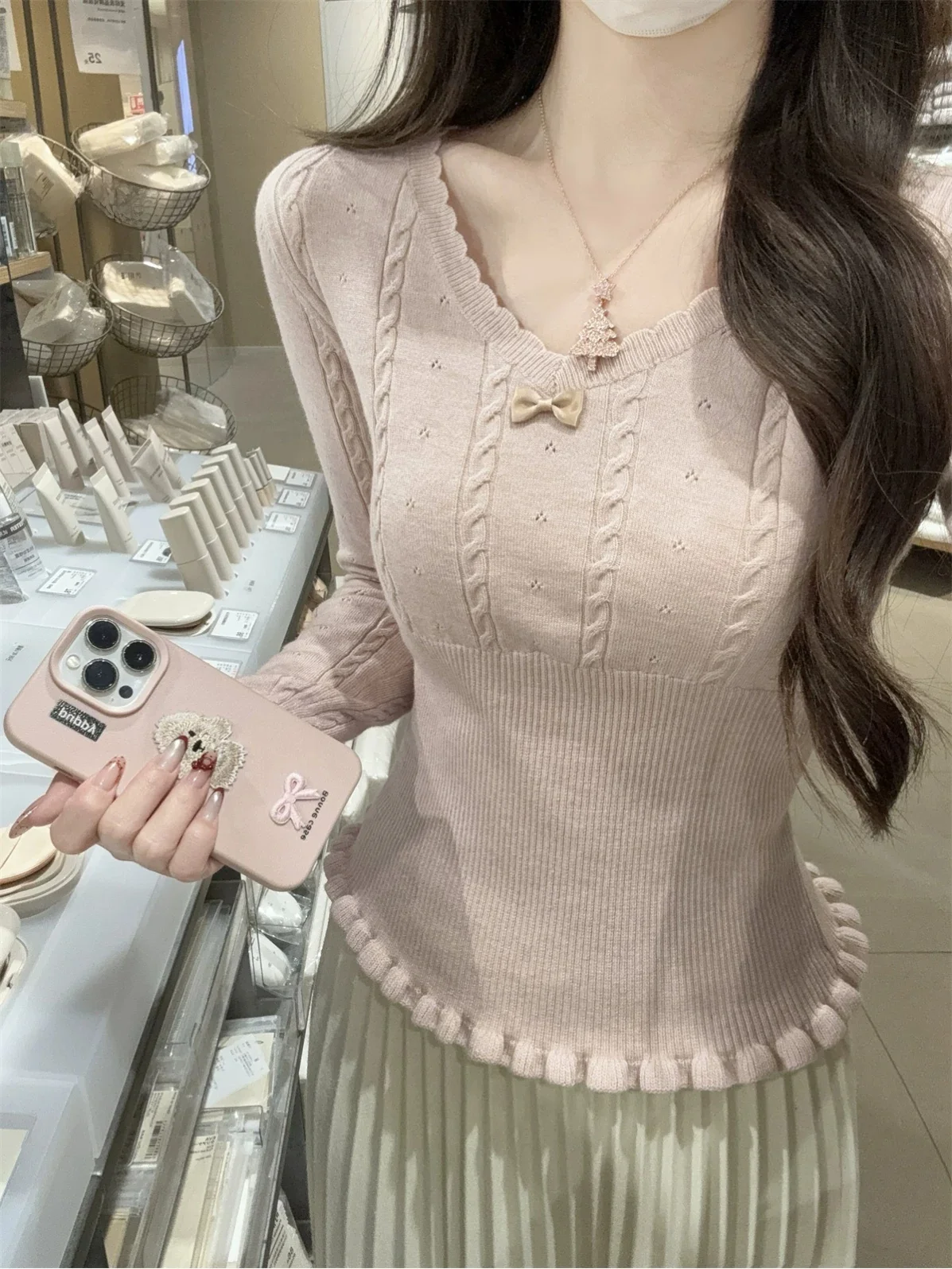 2026 Trendy Anti-Aging Wood Grain Ruffle Bottom Shirt Women's Inner Wear Outerwear Knitted Top Commute Style Korean Version S...