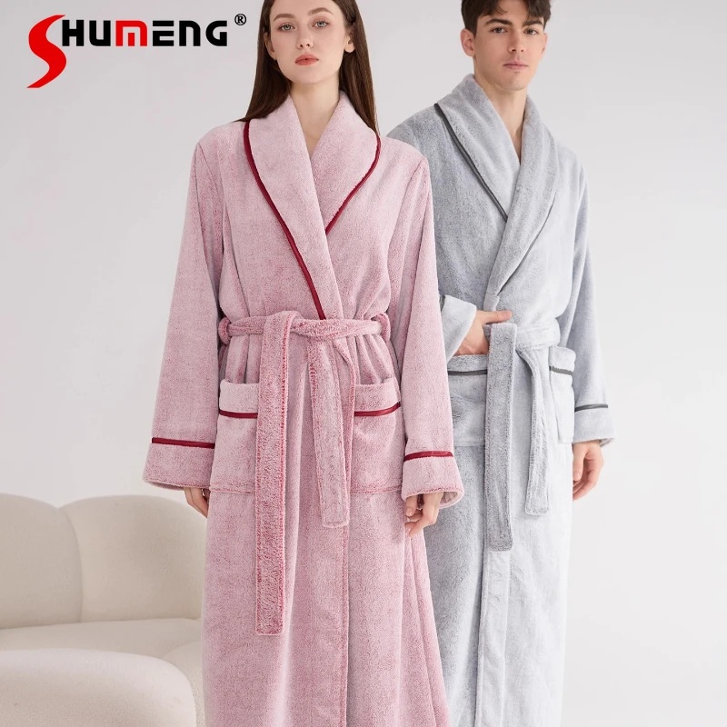 

Women's Autumn Winter Bathrobe Japanese Style Thickened Couples Bathrobe Female Extra Long Fleece Pajamas Homewear