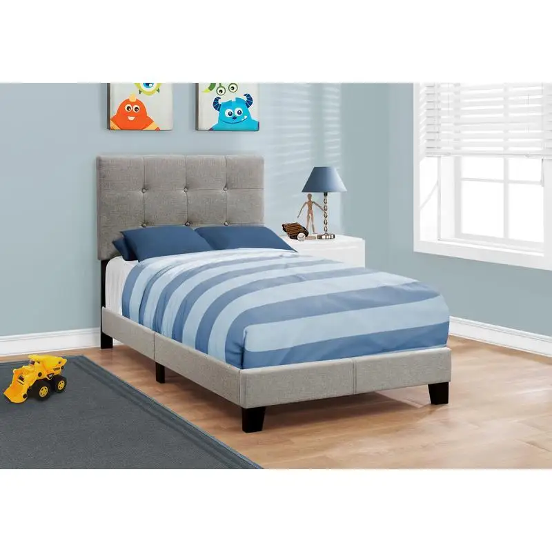 Twin Size Upholstered Bed Frame for Youth and Teens, Grey Linen Look, Transitional Style