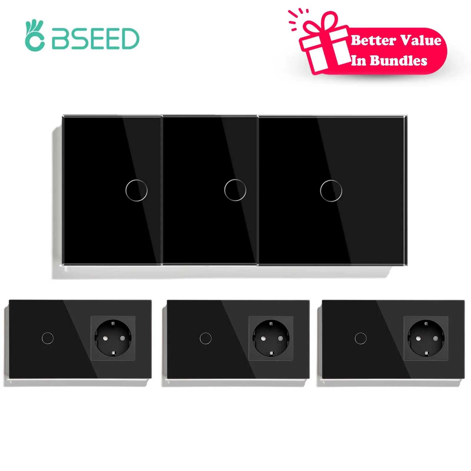 BSEED Interrupteur tactile mural 1 bouton 1 voie, prise EU, noir cristal, étanche, interrupteur d'éclairage LED avec rétroéclairage bleu faible, un seul fil sous tension