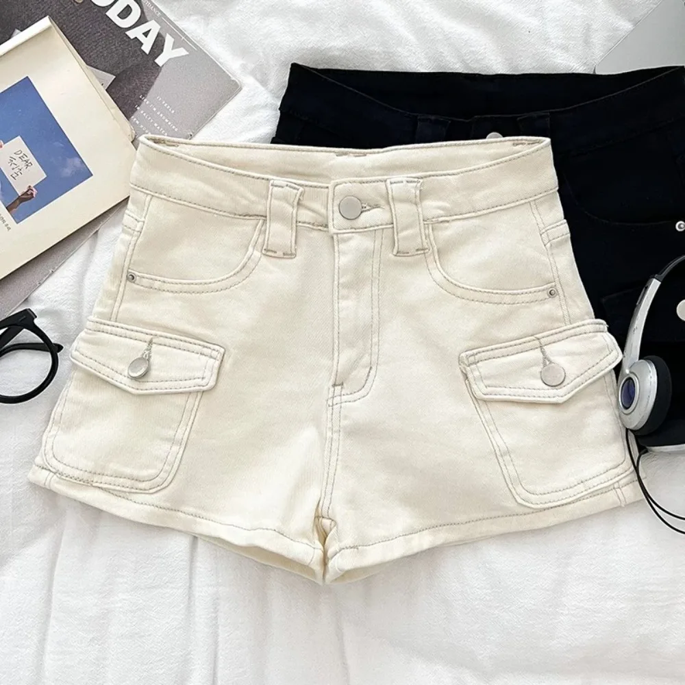 

Summer American Retro Sexy Fashion Versatile High Waist Thin Denim Pocket Shorts Women's Holiday Wide Legs Casual Short Pants